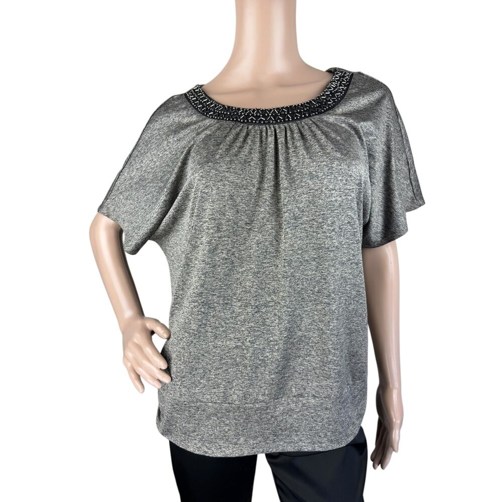Apt. 9 Women Heather Yellow Black Scoop Neck Short Sleeve Beaded Top Size PXL